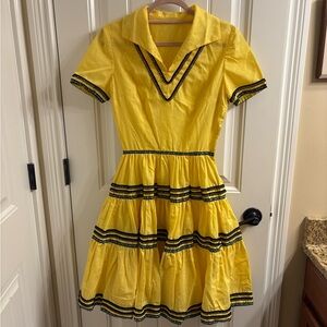 Vintage Yellow Swiss Dot Black RicRac Trim Square Dance Dress Custom Made Size S